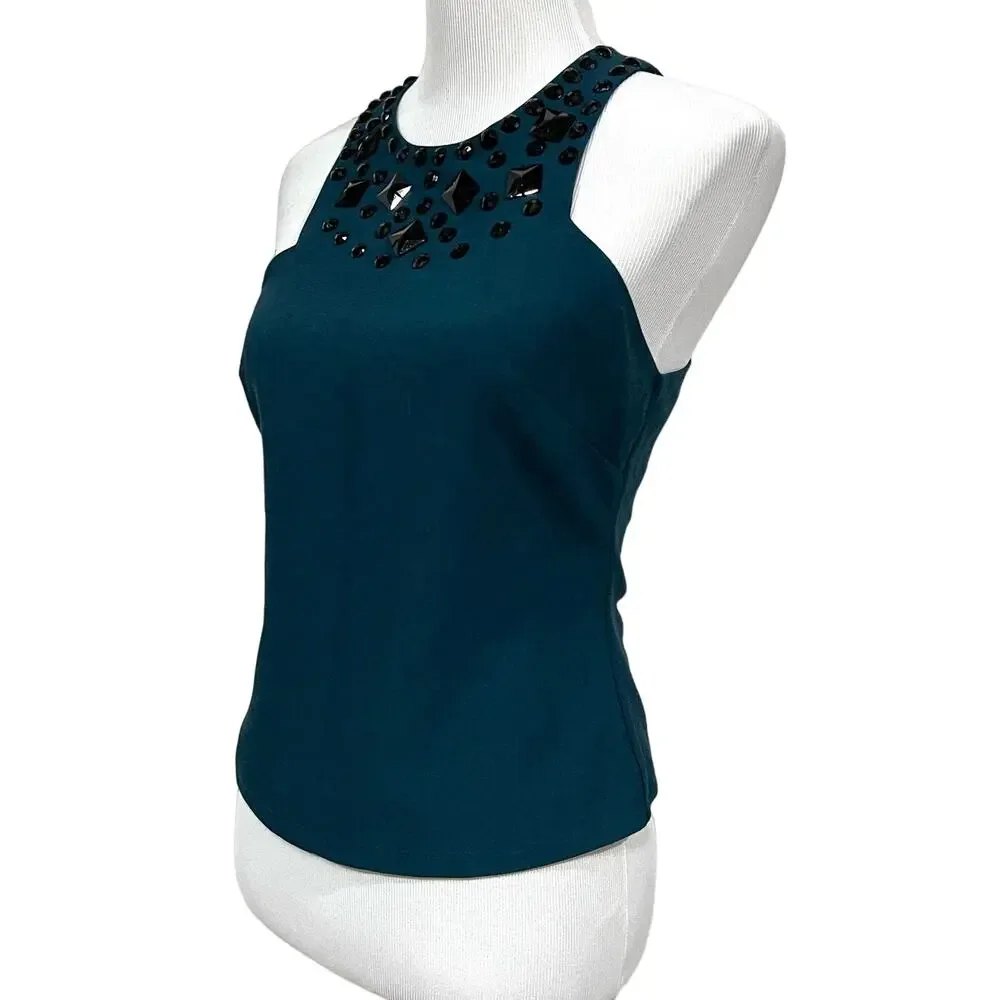 Annie Griffin Beaded Top Sleeveless Tank Fitted Teal Blue Black Women’s Sz 6